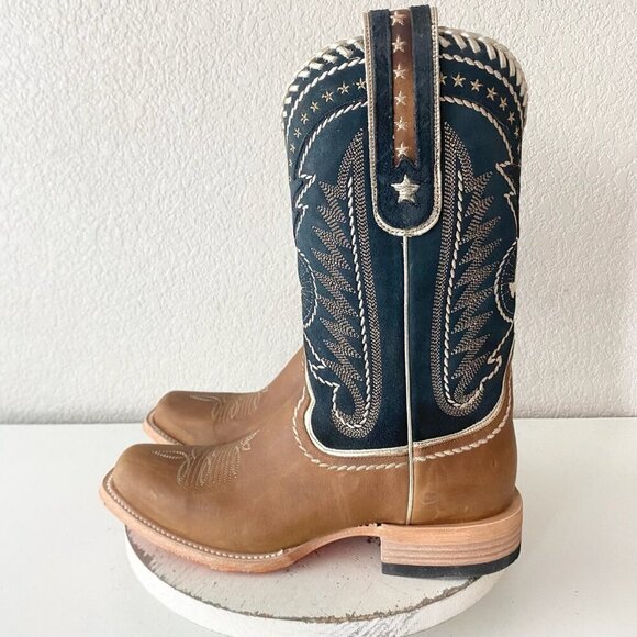 NEW Lane RODEO HOUSTON Mens Cowboy Boots 10 Brown Navy Leather Western Blunt Toe - Picture 4 of 11